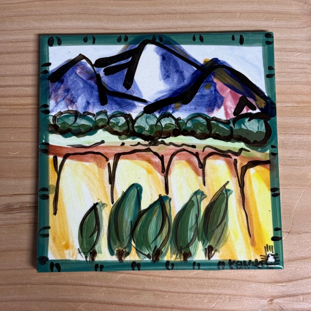 Ken Edwards Hand Painted Mexican Ceramic Art Tile Signed Mountains 6" x 6"